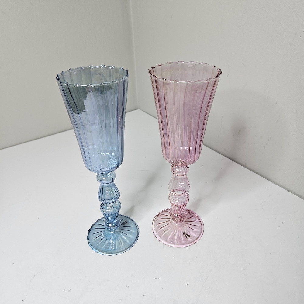La Boheme By Abigails Two Flute Glasses,  Handblown, Venetian Glass Blue Pink